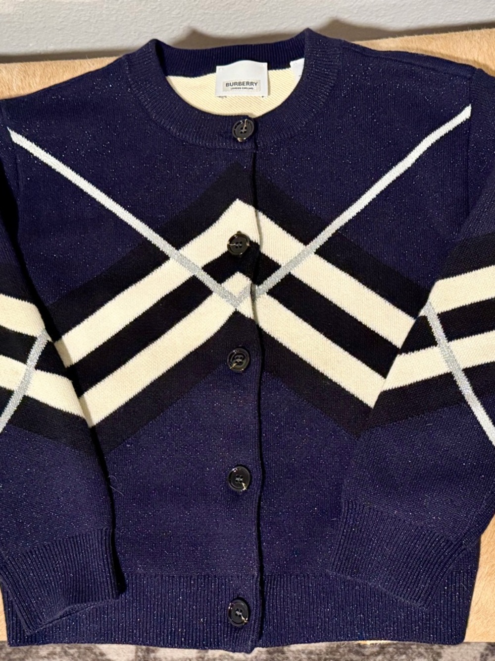 Burberry Chevron Stripe Cotton & Cashmere Cardigan Sweater-Size 8
